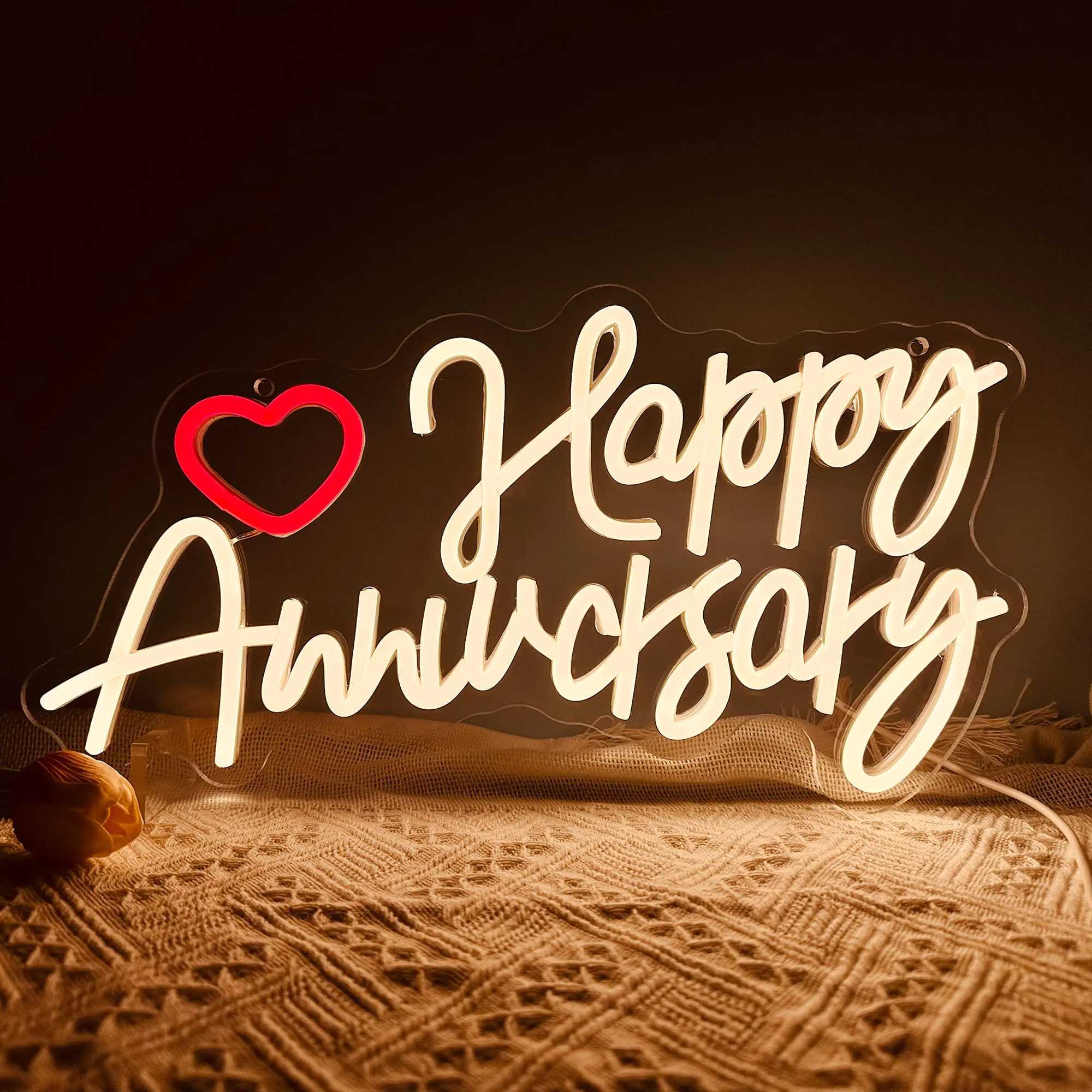 Happy Anniversary Neon Sign for Wall Decor Anniversary Shaped USB Powered LED Neon Light Sign for Wedding Party Birthday Decor XJ250602