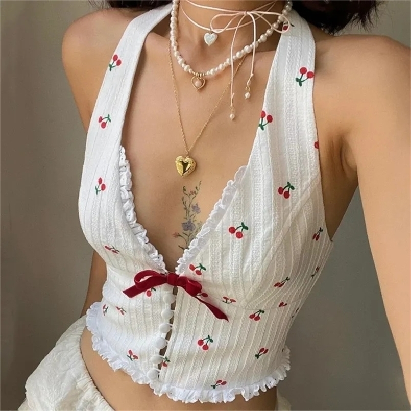 WhereMery Korean Fashion Print Halter Camis Tank Tops Summer Knitted Slim Fit Tank Top High Street Casual Womens Wear 250519CJ