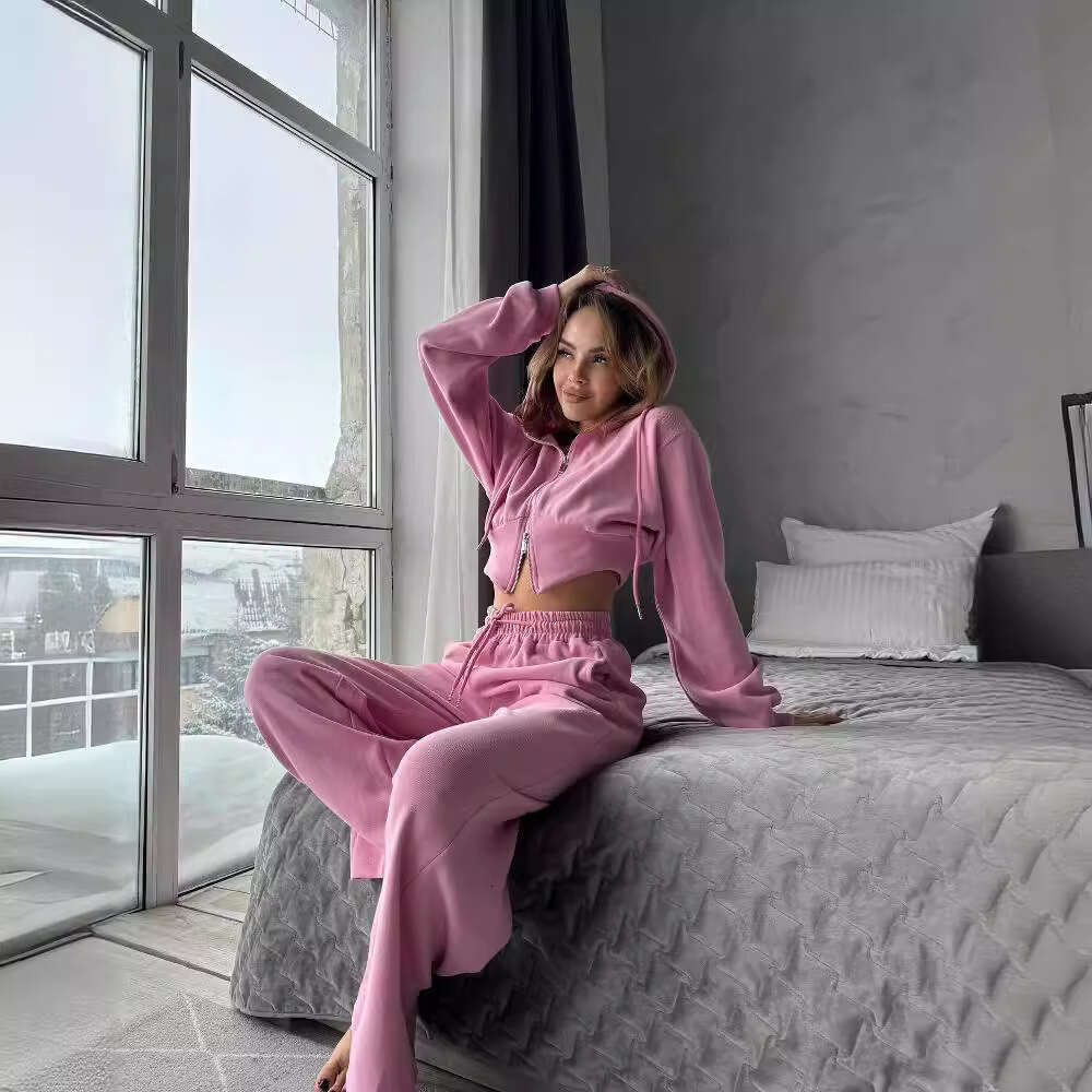 American Style Solid Color Simple Zipper Long Sleeve Hoodie Set High-End Low Waist Drawstring Elastic Sweatpants Women B5