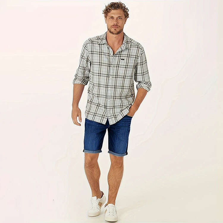 Fashion New Men's Casual Straight-Leg Cuffed Denim Shorts Five-Point Pants B5