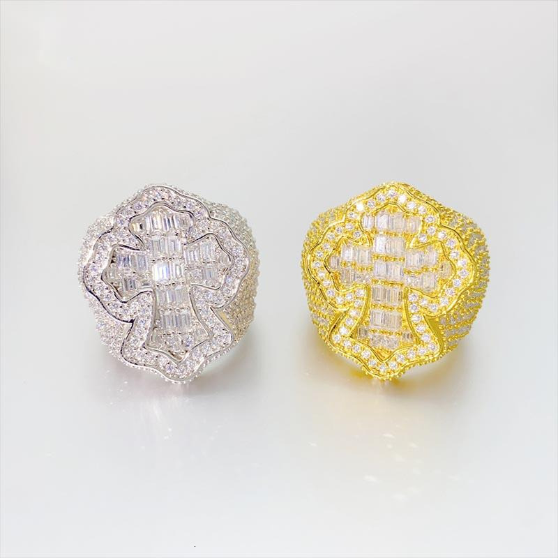 New Trendy Mens 925 Sterling Silver 18K Gold-Plated Luxury Baguette Cut Cross Ring VVS Moissanite Diamond Custom Hip Hop