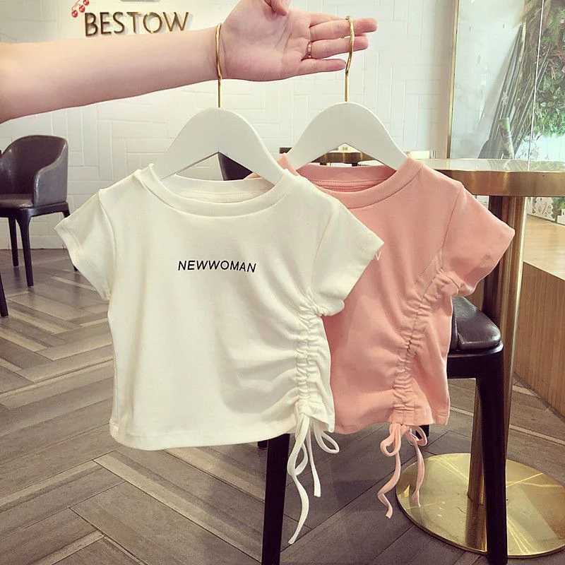Summer Short Sleeved T-shirt Girls Fashionable Solid Tops Kids Drawstring Printed Sweet Pullover Children Clothes 1-6 Years Old T250603