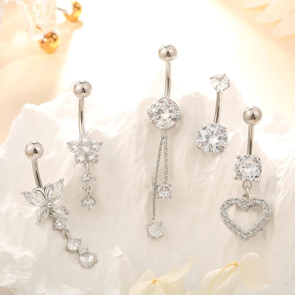 5pcs Pink Zircon Belly Button Ring Sets 14G Curved Tassel Chain Dangled Belly Piercing nombril Jewelry for Women Sexy Navel Ring 250530