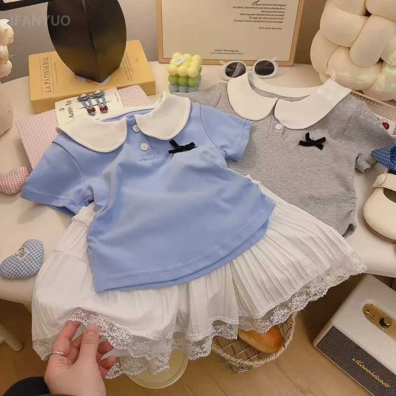 1-10Y Childrens Shirt Pure Cotton Korean Doll Collar Short Sleeved Tops 2025 Spring Summer New Item Baby Girl Bow Base T-shirt T250603