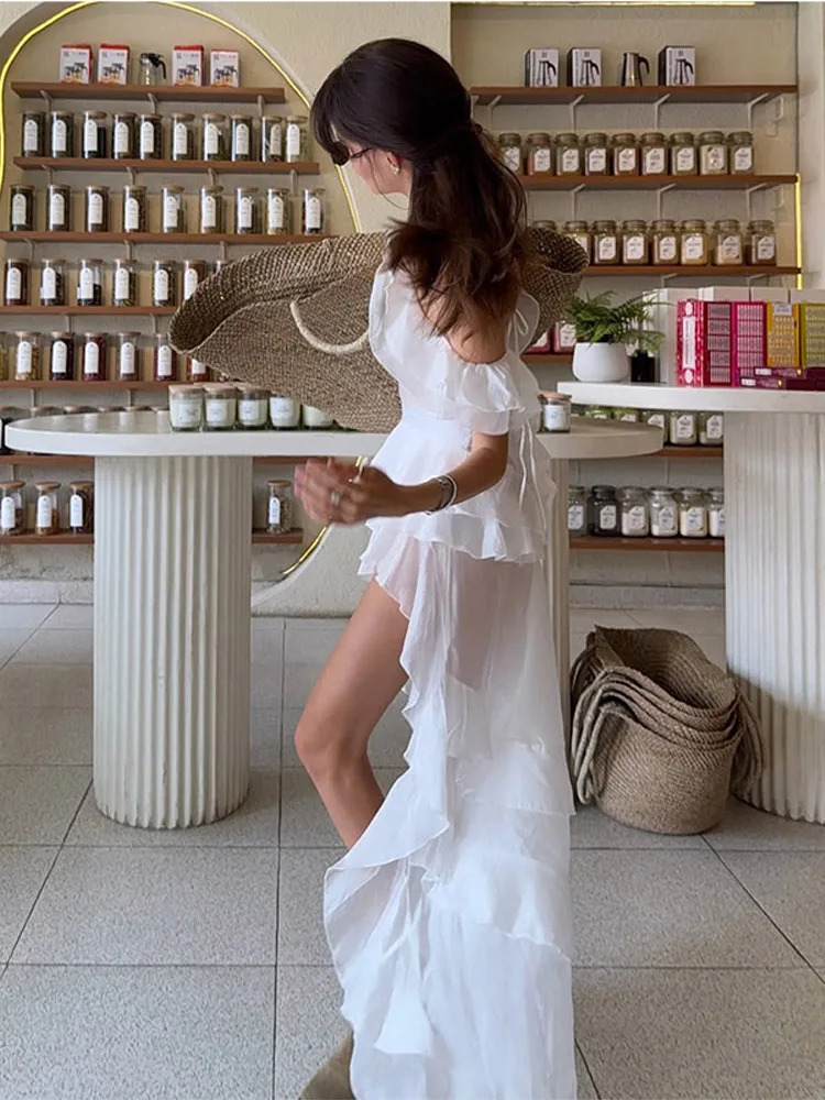 Off Shoulder Ruffles Irregular Dress Women Elegant Slim Solid Backless Lace Up Dresses Lady Summer Fashion Chic Beach Robes 250603