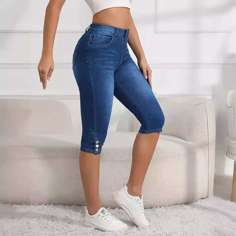 Denim Shorts Jeans Shorts Summer Jeans With Button Design Solid Color Stretchy Street Fashion High Waist Casual Tight Fitting Five Point Pants Ripped 