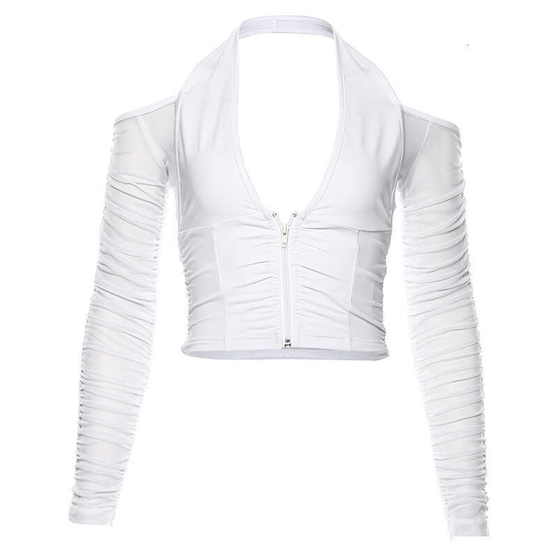 Autumn New Mesh Long Sleeve Halter Neck Off-Shoulder Cardigan Backless Slim Fit Short T-Shirt For Women B5