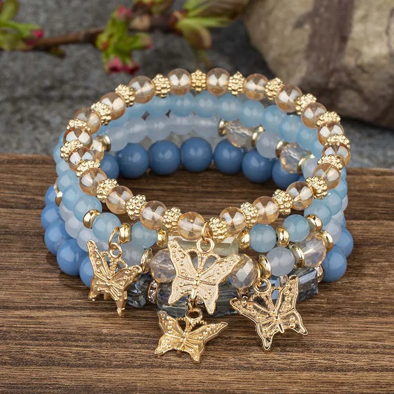 4Pcs Trendy Butterfly Beaded Bracelet Set For Women Pink Acrylic Beads Elastic Chain Bangle Female Bohemian Party Jewelry Gift 250528