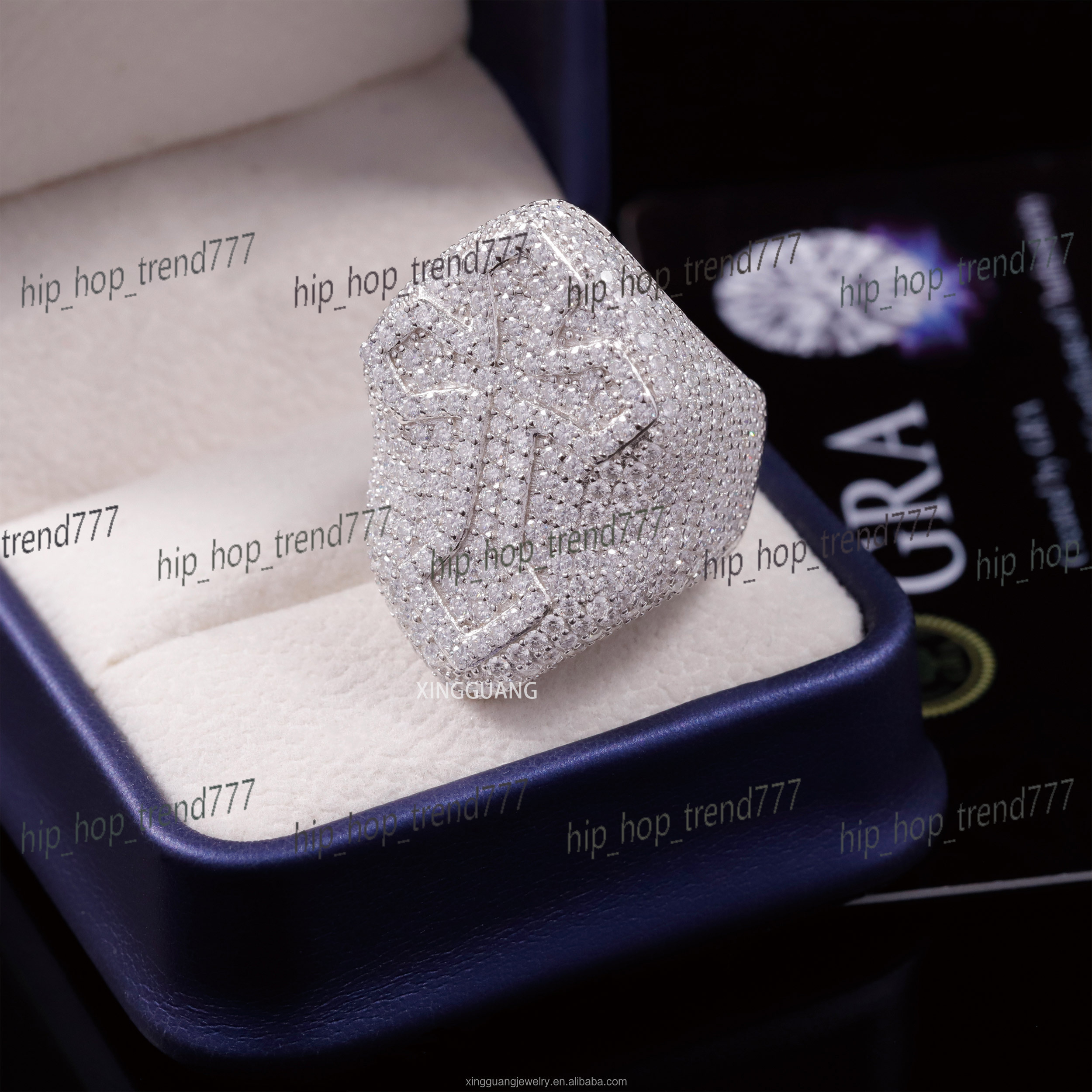 Hot Sale Raised Cross Full Iced Out VVS Moissanite Diamonds White Gold Plated 925 Sterling Silver Cross Rings Hip Hop Jewelry