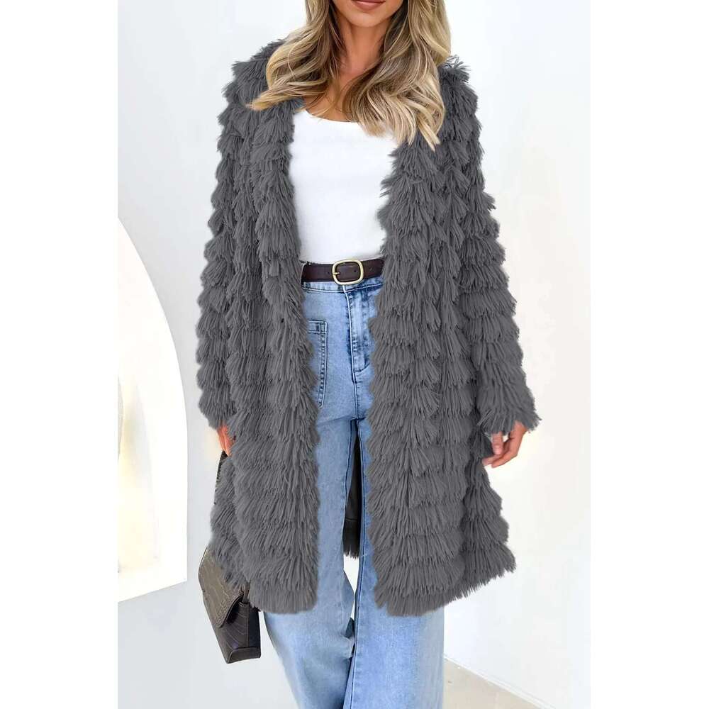 Women's 2023 Winter Sleeve Faux Fur Jackets Fall Fashion Black Khaki Pink Open Front Long Cardigan Coat Outerwear