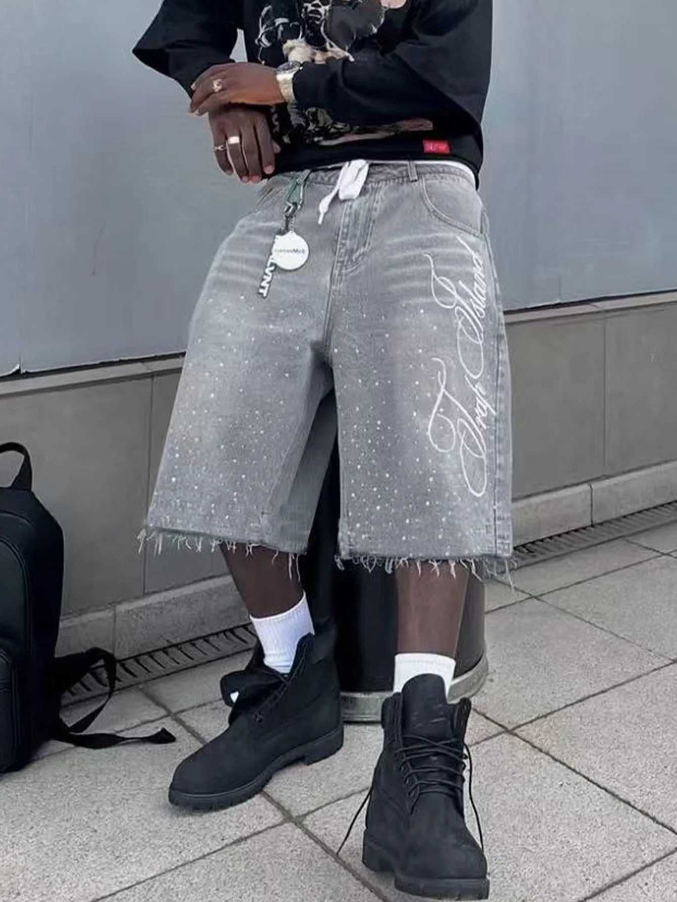 Summer American Letters Embroidery Gray Baggy Shorts Jeans Men Frayed Hem Wide Leg Baggy Copped Pants For Male T250603