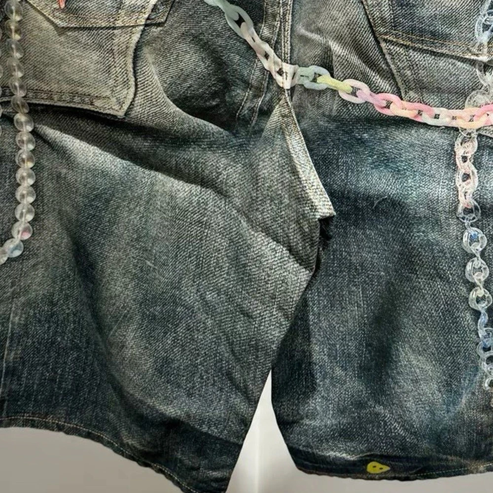 SS25 Candy Chain 3D Printed Vintage Aged Wide Leg Loose Fit Denim Shorts 250529