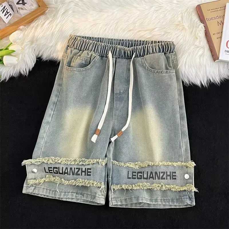 American Retro Washed Distressed Denim Shorts For Men Hip Hop Letter Printed Baggy Jorts Summer Spliced Y2K Streetwear Bermuda T250603