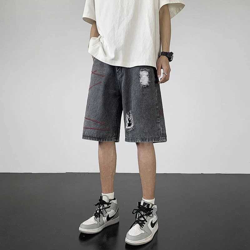 Blue Man Half Denim Shorts Baggy Ripped Short Jeans Pants for Men Vintage Popular XL Streetwear Summer Retro Distressed Designer T250603