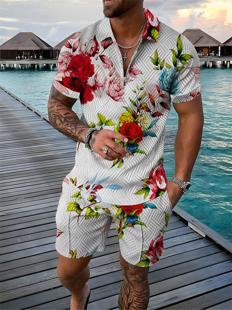 Flower 3D Print Polo Shirts Shorts Sets Mens Fashion Floral Oversized Short Sleeve Shirt Pants Set Suits Man Tracksuit Clothing 250530