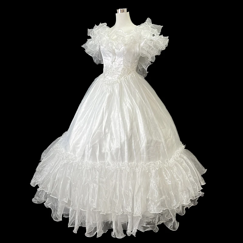 Vintage Princess White Lace V Neck Short Ruffle Sleeve Beading Pearls Backless Lace Up Antique Customized Wedding Dress