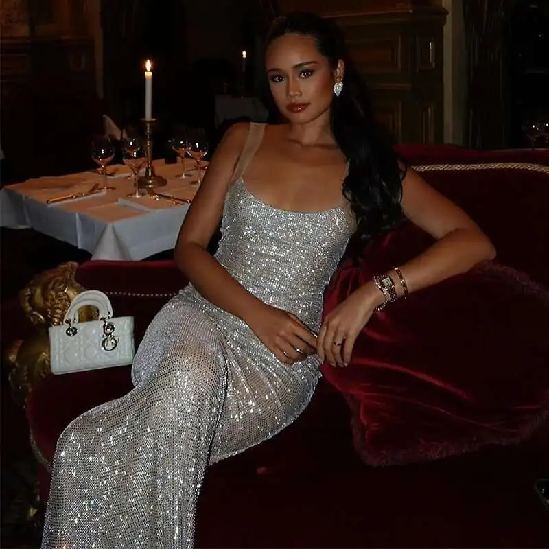 Townlike Sparkle Glitter Nightclub Sexy Party Dress Women Spaghetti Strap Summer Dress Midi Long Slim Bodycon Dresses 250603