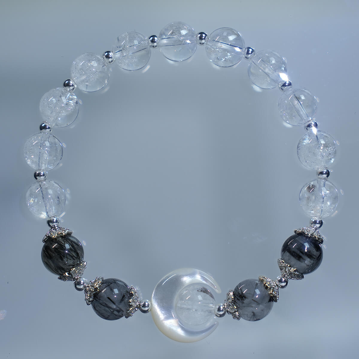 Natural crystal, silver obsidian Asai black hair crystal bracelet,Obsidian,wuxing implied meaning Psychic shielding Energy purification Integrity prot