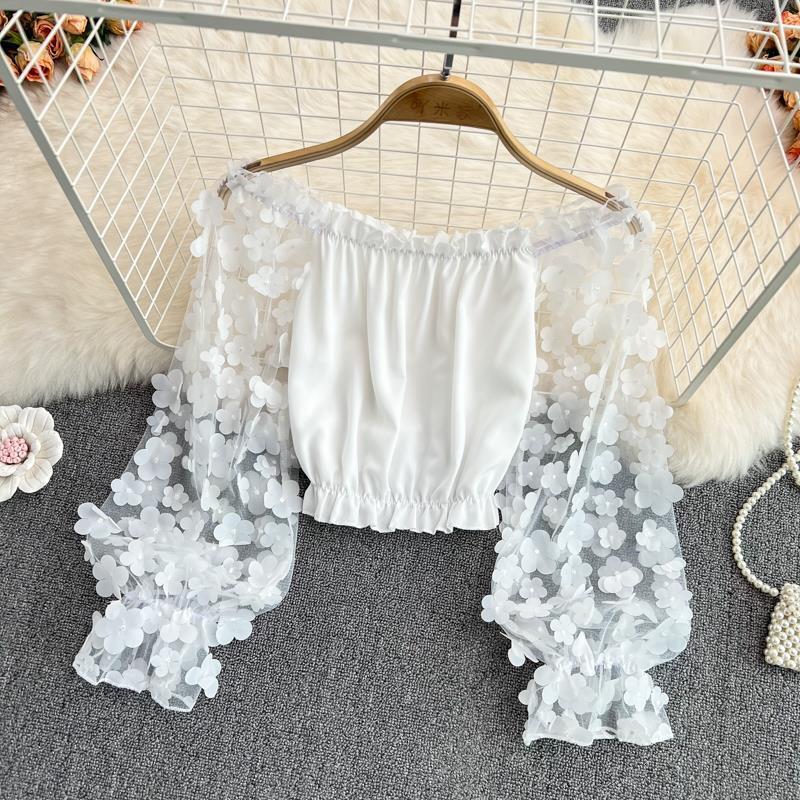 2025 Spring and Summer New Women's T-shirt Off Shoulder 3D Flower Transparent Mesh Splicing Chiffon Women's Shirt Loose Waist Fashion Design