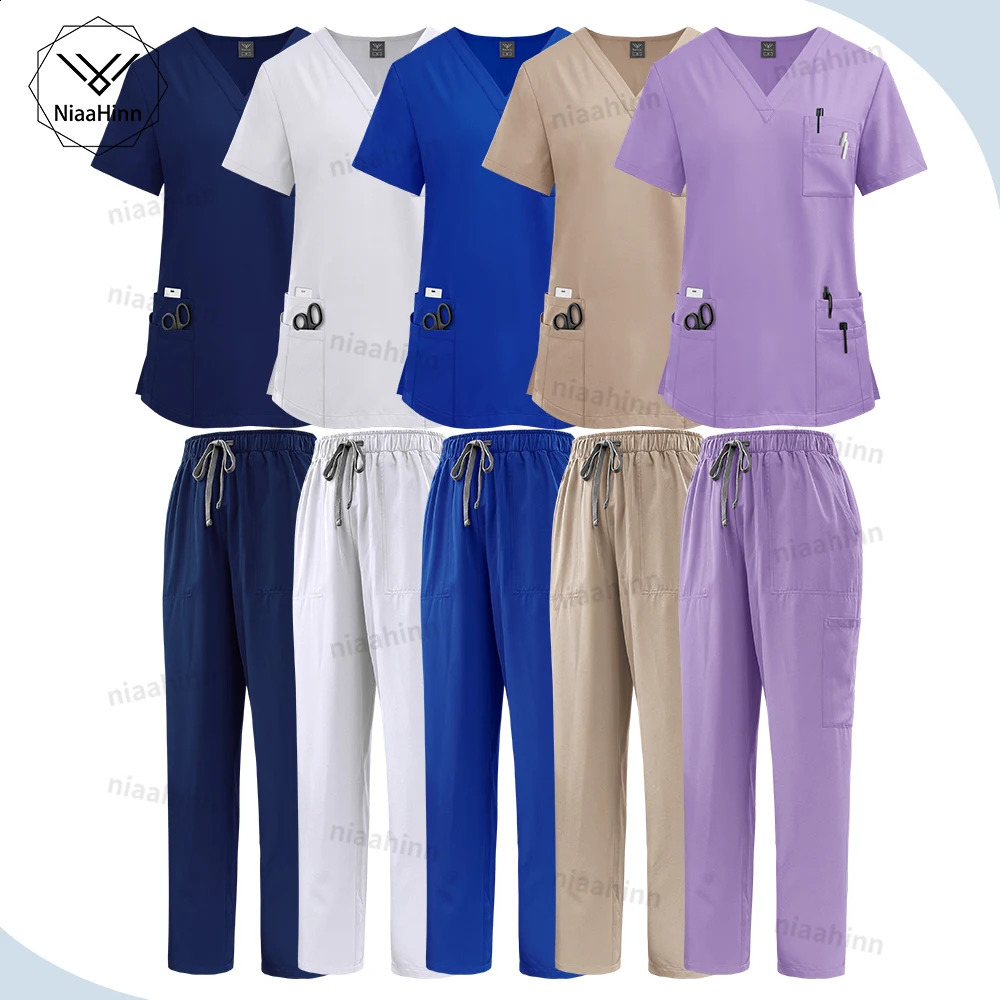 Elastic Scrub Set Operating Room Uniform Dental Veterinary Work Uniforms Vneck Short Sleeved Tops Pants Suit Wholesale 250530