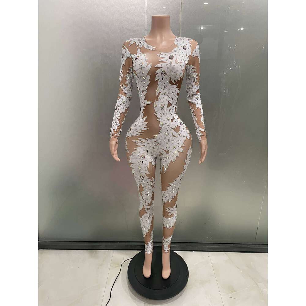 Sexy Crystal High Stretch Bodycon Long Sleeve Jumpsuit Women Celebrate Nightclub Party Club Performance Costume Stage Wear