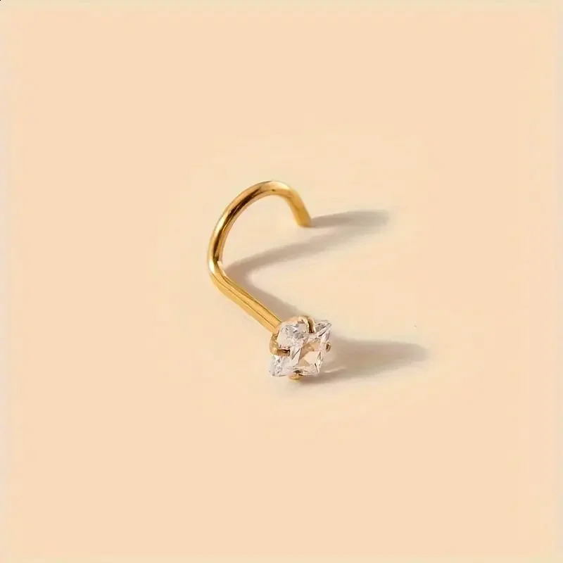 Golden Tone Cubic zirconia Square Nose Stud Simple Glamorous Sparkling Nose Ring Piercing Jewelry Elegant Vacation Style 250530