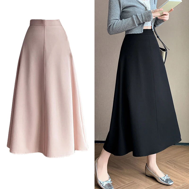 Elegant OL Spring Summer Long Skirts For Woman Fashion Korean High Waist A-line Office Skirt Suit Pleated Pink Black Skirt Women 250603