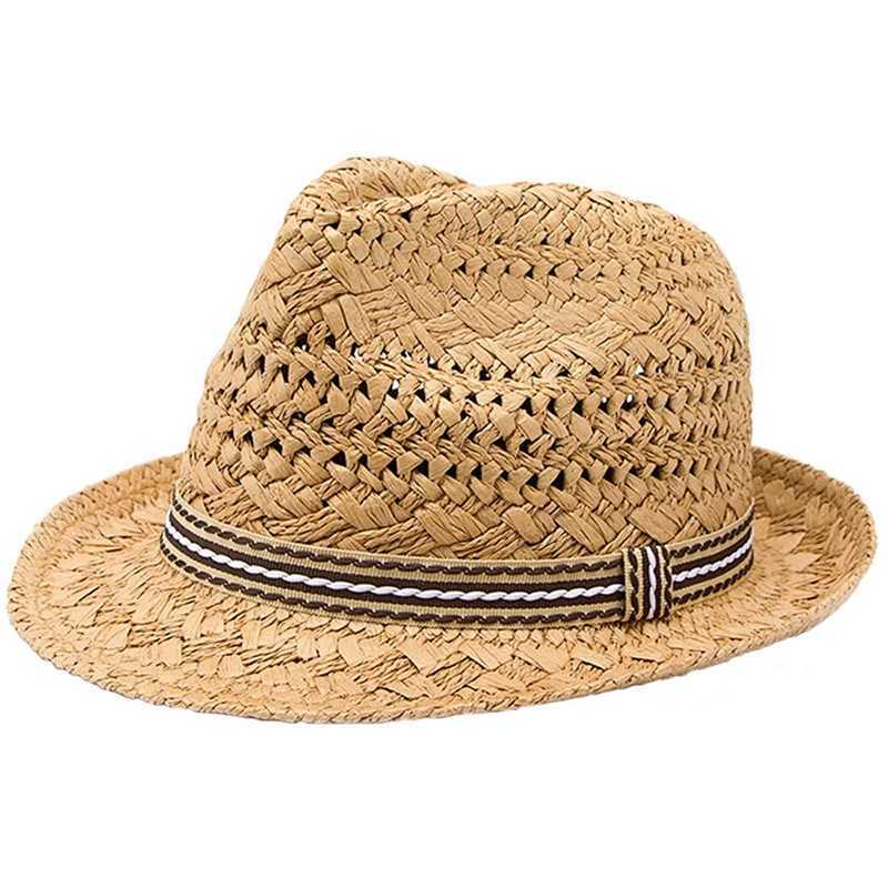 LUCKYLIANJI Summer Fashion Handmade Kid Beach Boho Fedora Raffia Hat Sun Hat Sunhat Men Jazz Hat Gangster Cap (One Size 54cm) W250602