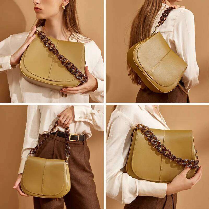 BEAU TODAY Handbags Women Leather Texture Acrylic Chain Hand Carry Simple Female Shoulder Messenger Bags 62036