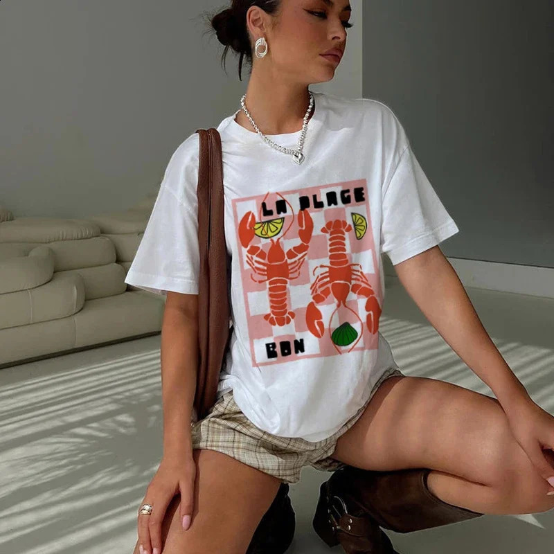 Women Retro Style Lobster Lover T Shirt Short Sleeve Y2k Aesthetic Tops Seafood Vacation Tee Shirt Egirl Cute Fashion Clothes 250529