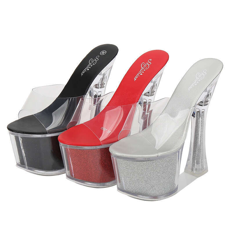 Super High Heels New Korean Style Sexy Nightclub Super High Chunky Heels Waterproof Platform Sandals Transparent Crystal Shoes For Outdoor Wear Platfo
