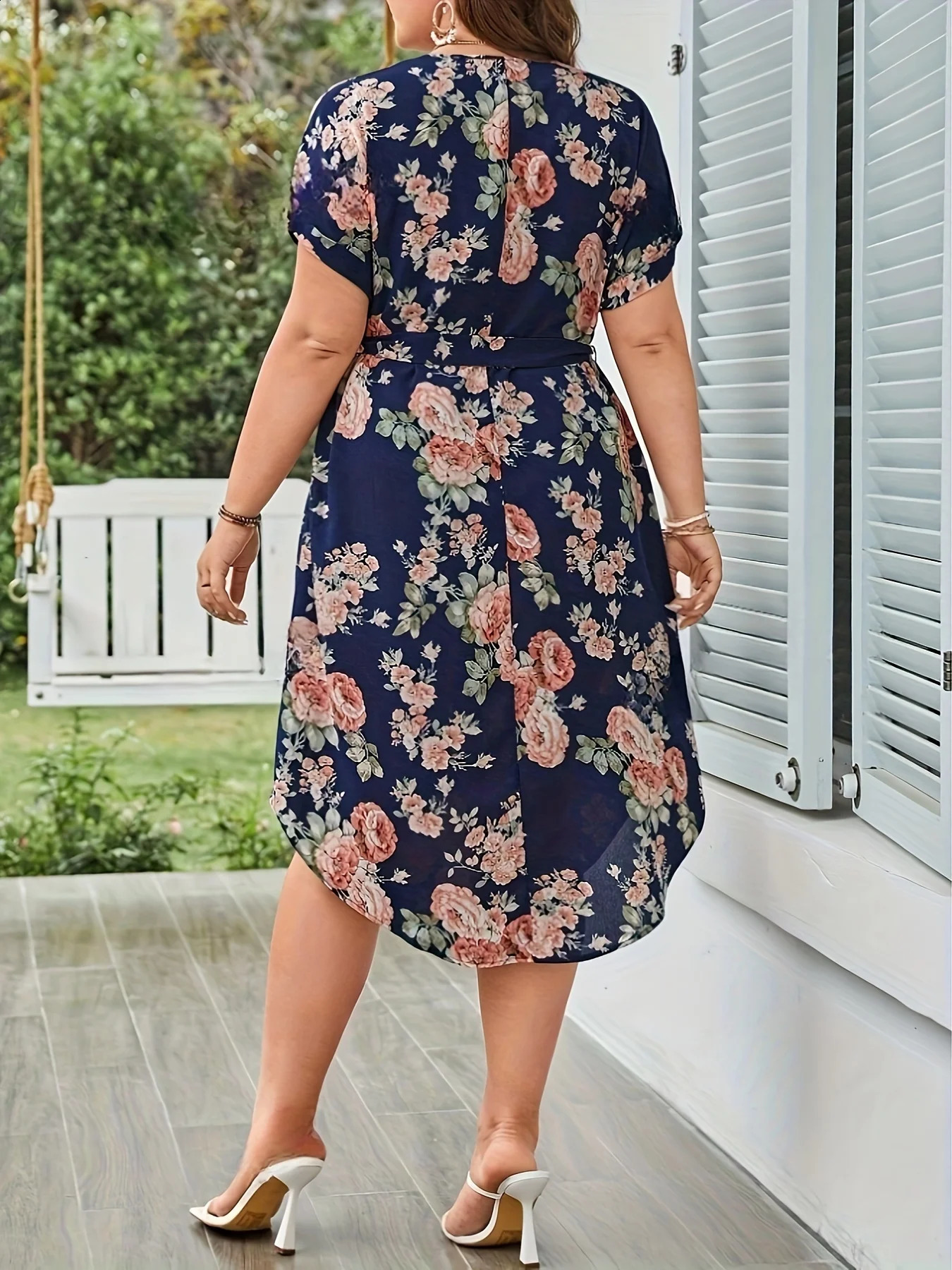Plus Size Summer Women Elegant Dress Vacation Vintage Floral Print Casual V Neck Lace Up Dresses 250526
