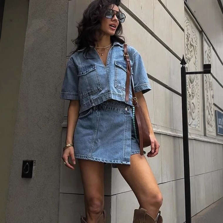 Workwear Denim Suit Skirt Pants V-Neck Short Sleeve Top Summer Women Hot Girl High Waist Irregular B5