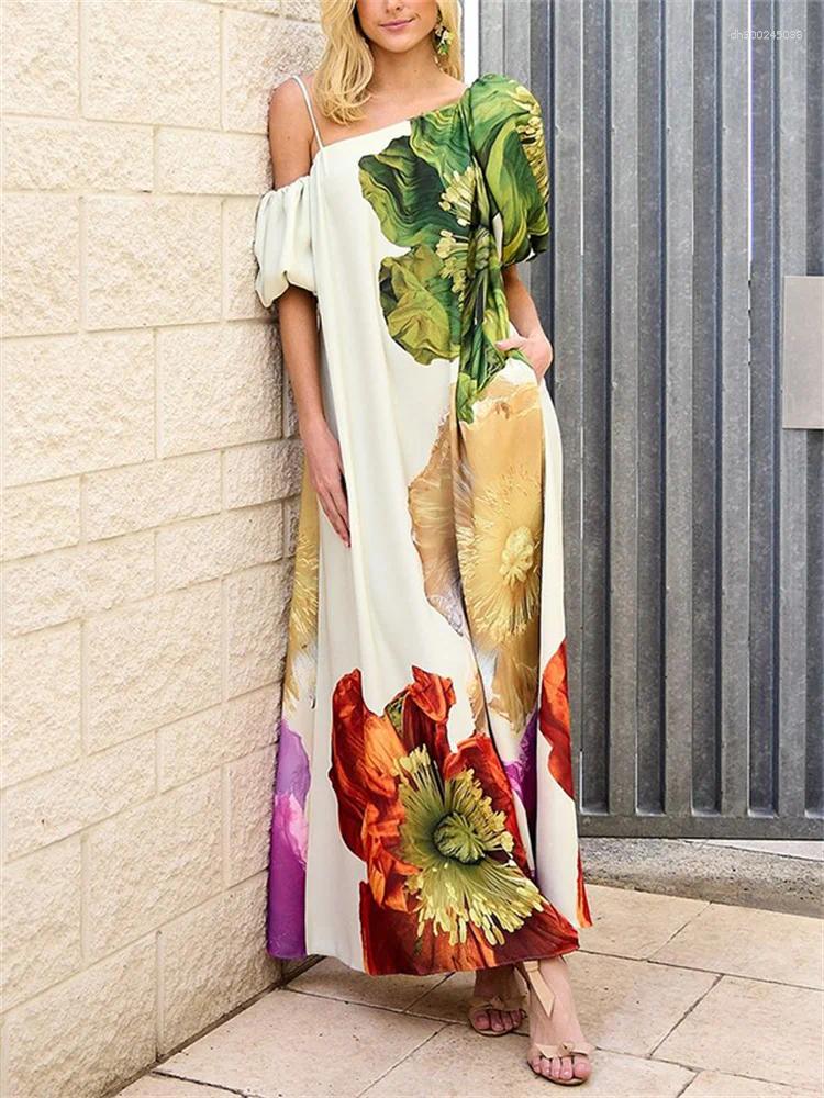 Casual Dresses Women Elegant Floral Printed Evening Banquet Maxi 2025 Summer Sleeves One-shoulder Party Prom Long Dress
