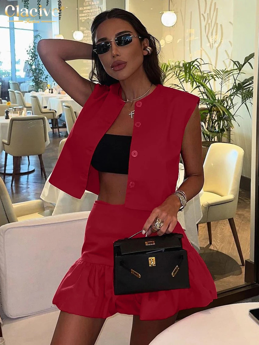 Clacive Summer Loose Red Cotton Womens Two Pieces Set 2025 Fashion Sleeveless Tank Top With High Waist Mini Skirt Set Female 250530