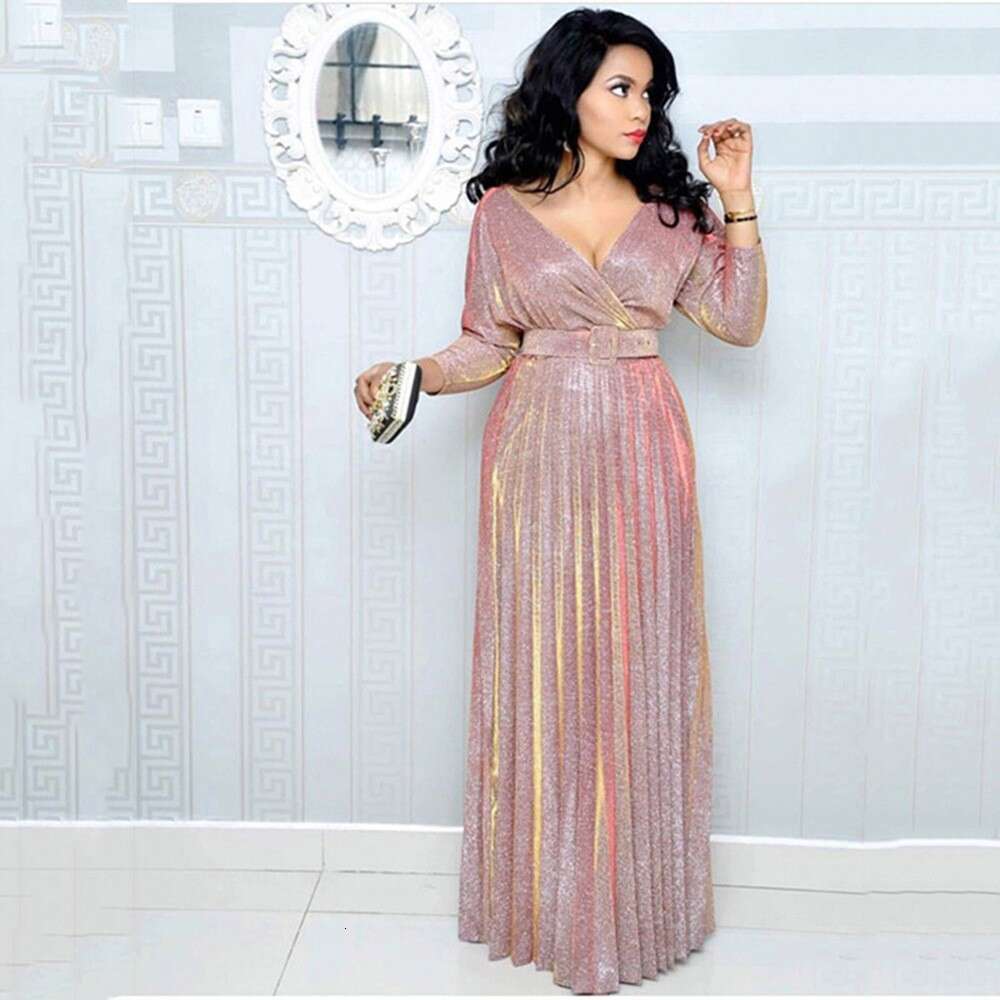 Winter European, American, African women's fashion long sleeved, gilded, pleated skirt with waist belt, shiny pink fabric, 2025 new style, chic a