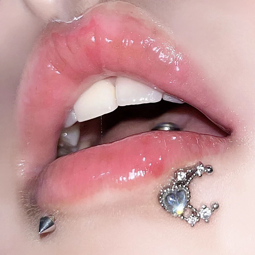 1pc Zircon Heart Moon Shape Labret Piercing Stainless Steel Lip Stud For Girls Silver Color Y2K Accessory Cartilage Jewelry Gift 250530