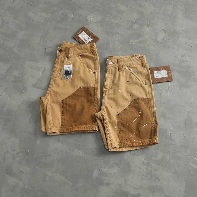 Personality spray paint to do old cargo shorts mens American casual color patchwork fishbone nail loose straight mid-leg pants T250603
