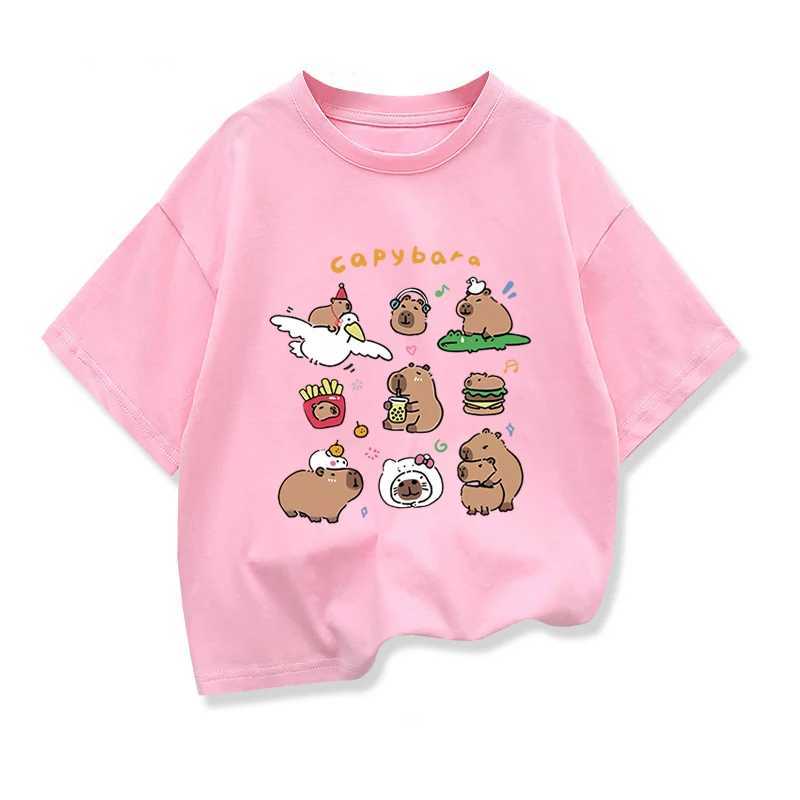 Kids Summer Clothes With Cute Capybara Print Child Short Sleeved Tee Shirt Funny Clothes 2025 New Kids Cotton Loose T-shirt T250603