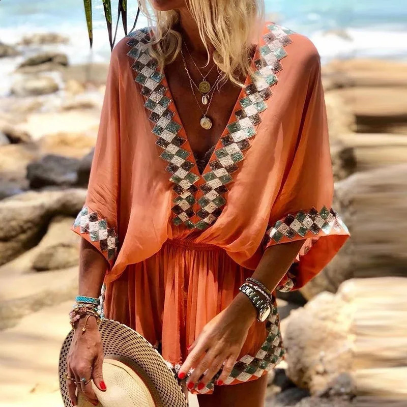 Sexy V Neck Bohemian Print Jumpsuit Office Lady Summer Casual Short Wide Leg Jumpsuits For Women Colorful One Piece Rompers 250528