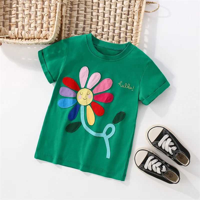 Jumping Meters 2-7T Floral Applique Summer Girls T Shirts Short Sleeve Kids Tees Tops Baby Costume Childrens Clothes Shirts T250603