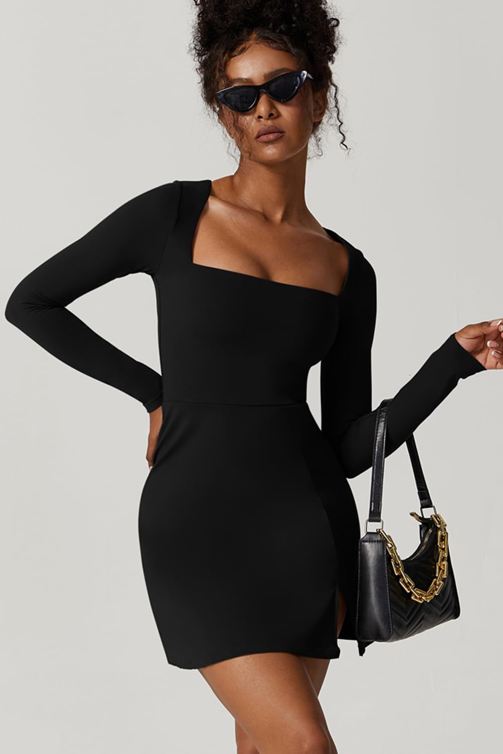 women's wear S32199 Women's Square Neck Tight Corset Long Sleeve Slit Flared Mini Dress