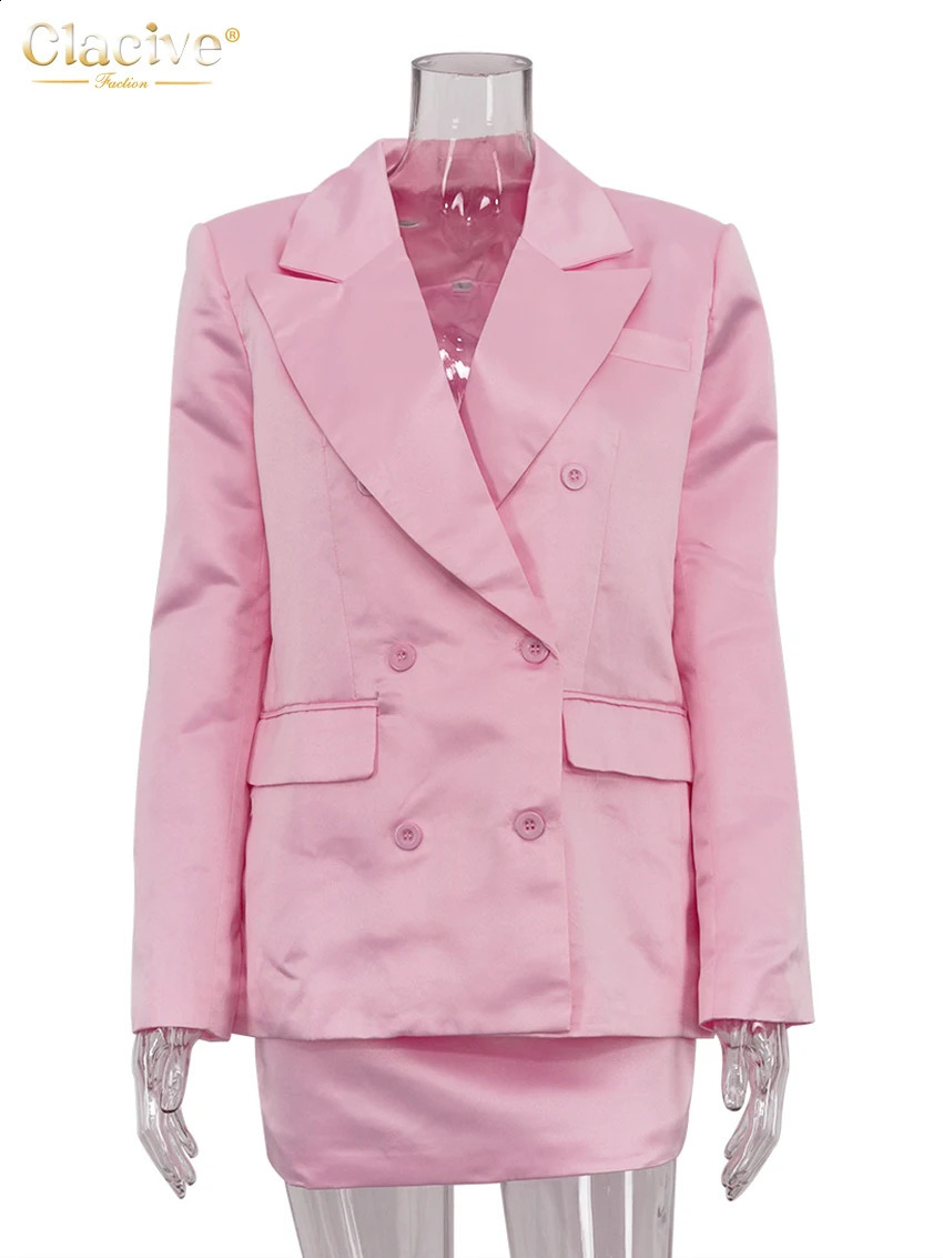 Clacive Fashion Loose Pink Satin 2 Piece Sets Women Outfit Elegant Long Sleeve Blazer With Mid Waist Mini Skirts Set Female 250530