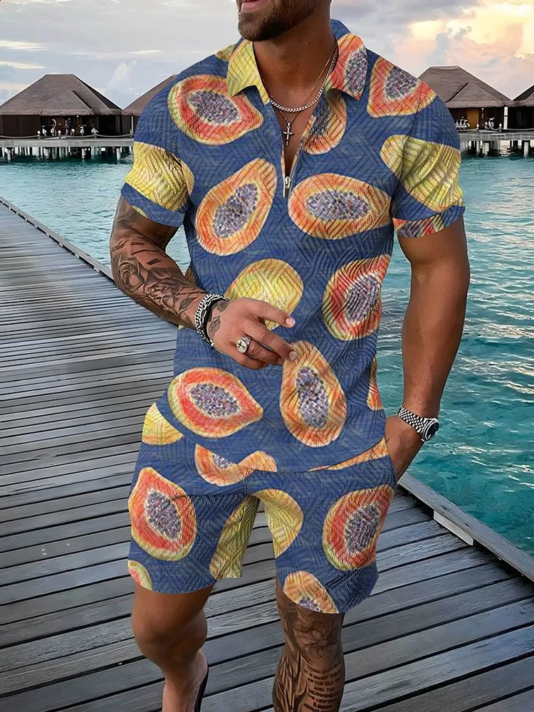 Summer 3D tropical fruits Print Men Polo Set Zipper Lapel Sets Collar And Shorts 2pcs Holiday style Man clothes 250530