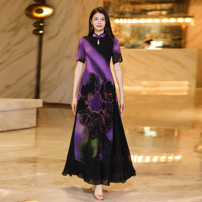 Traditional Floral Patterned Silk-Chiffon Dress for Ladies Casual Elegant Style