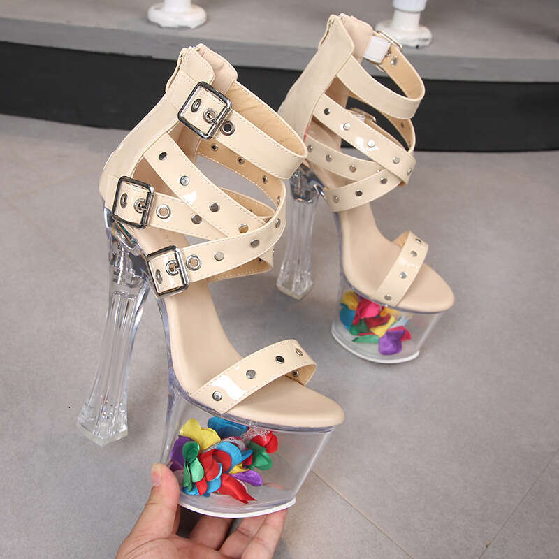 Super High Heels Rivet Back Strap Roman Sandals Transparent High 17Cm Chunky Heel Summer Thick Sole Waterproof Platform Platform High Heels