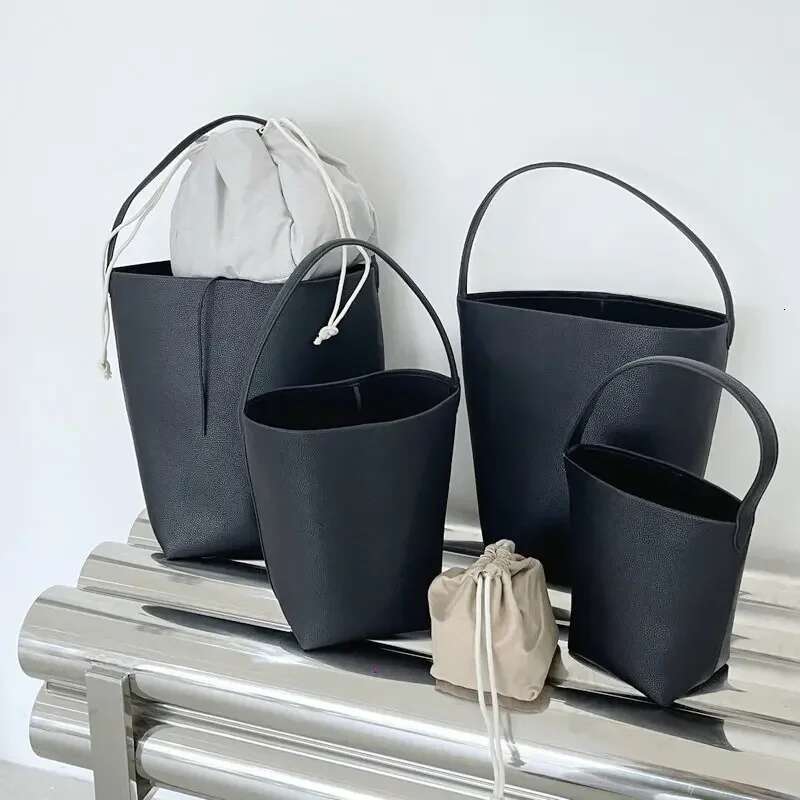 Simple Minimalist-Style Grey Black Bucket Tote 4 Sizes No Genuine Cow Leather Women Handbag Armpit Shoulder Bag