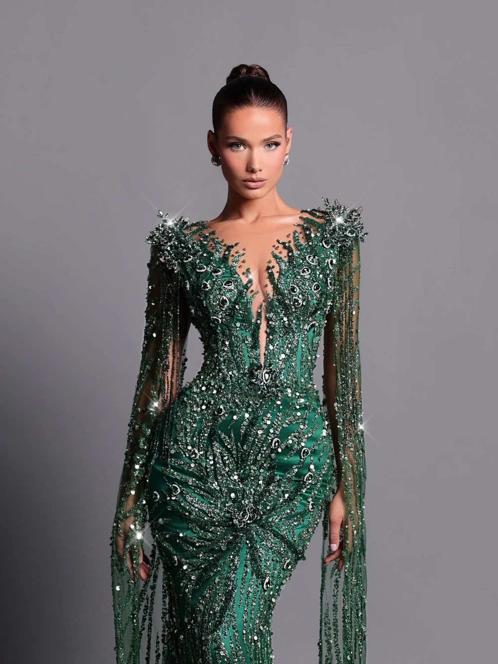 Exquisite Crystal Evening Dresses Sequins Feather Prom Dress Tassel V Neck Long Sleeves Rhinestone Mermaid Party Gowns Vestidos De Noche