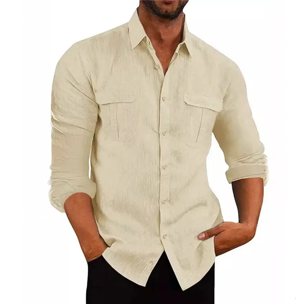 Mens Cotton Linen Material Shirt Double Pocket Casual Breathable Long-sleeved Shirt Lapel Solid Colour Mens Tops 250603