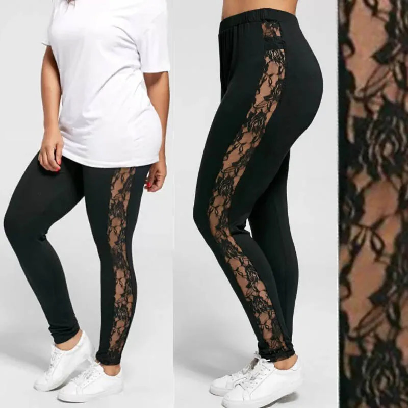 Womens Sexy Leggings Floral Lace Pants Side Sheer Black Leggings Slim Stretch Sexy Trousers Size L-3XL 250603